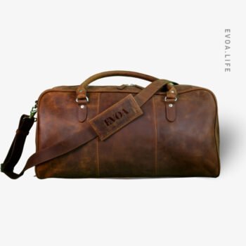 Brown leather duffle bag with strap