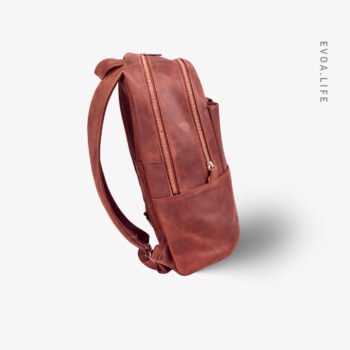 Brown leather backpack with zippers